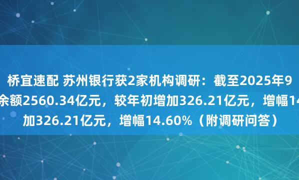 桥宜速配 苏州银行获2家机构调研：截至2025年9月末，集团个人存款余额2560.34亿元，较年初增加326.21亿元，增幅14.60%（附调研问答）
