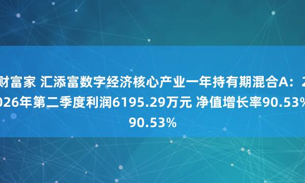 财富家 汇添富数字经济核心产业一年持有期混合A：2026年第二季度利润6195.29万元 净值增长率90.53%